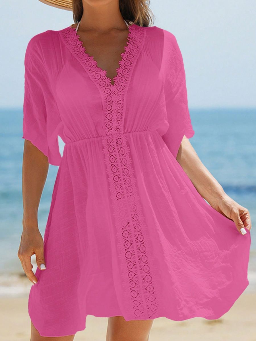 SALIDA DE PLAYA CON ENCAJE Y ESCOTE EN V Salida de Playa 19 Florebele Rosa S 