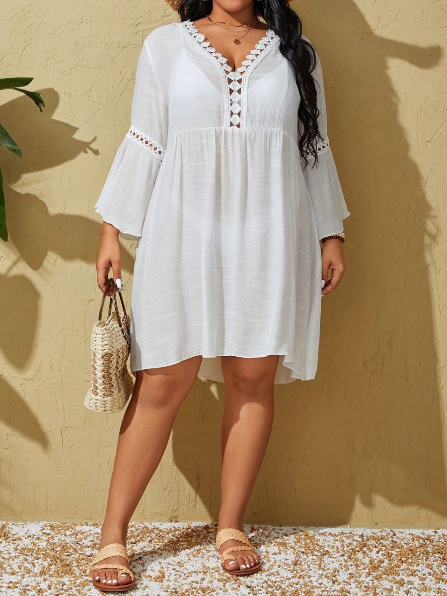 SALIDA DE PLAYA CON ENCAJE Y MANGAS ACAMPANADAS Salida de Playa Plus Size 13 Florebele Blanco 0XL 