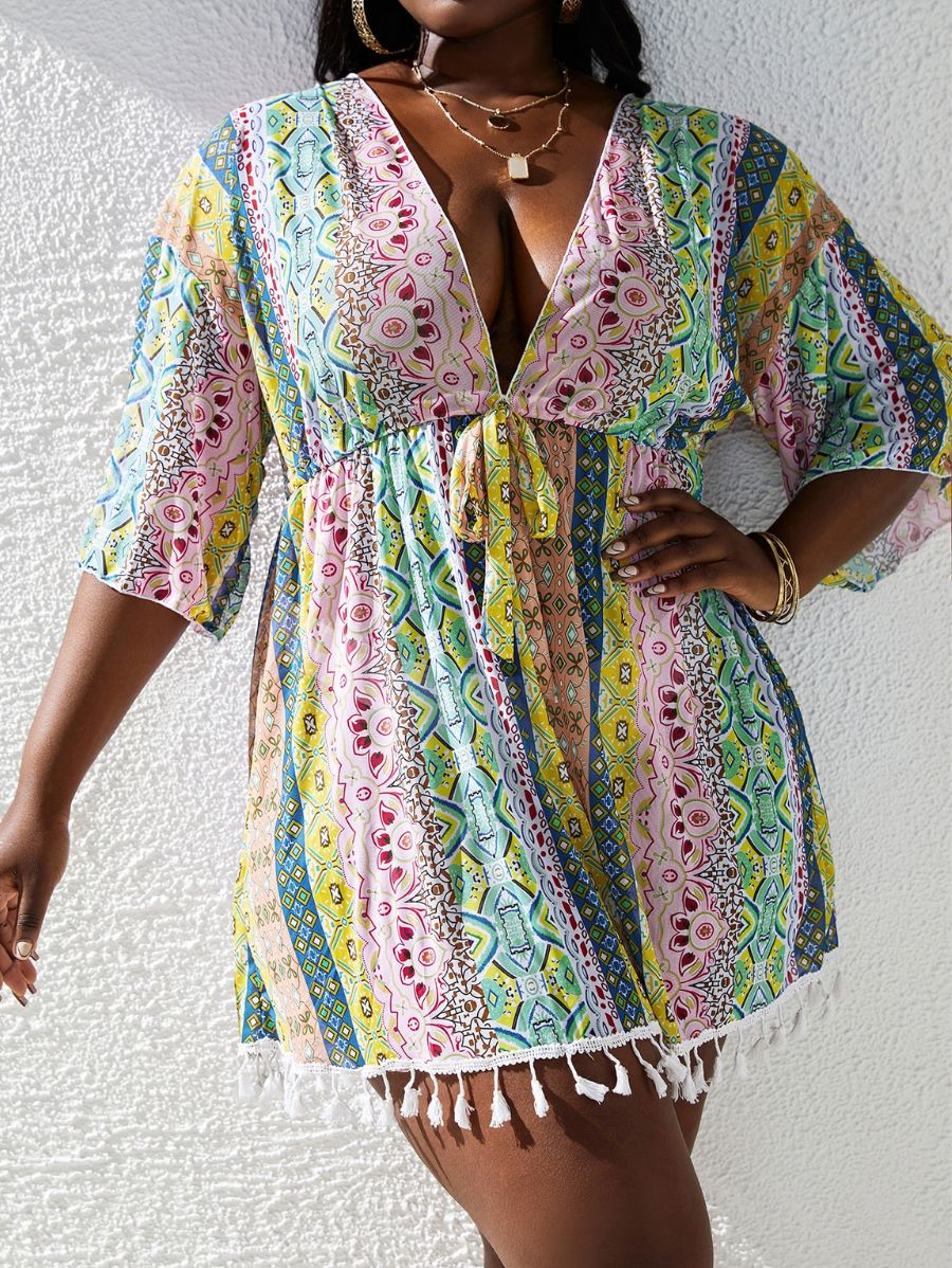 SALIDA DE PLAYA CON ESCOTE EN V PROFUNDO ESTAMPADA Salida de Playa Plus Size 23 Florebele 0XL 