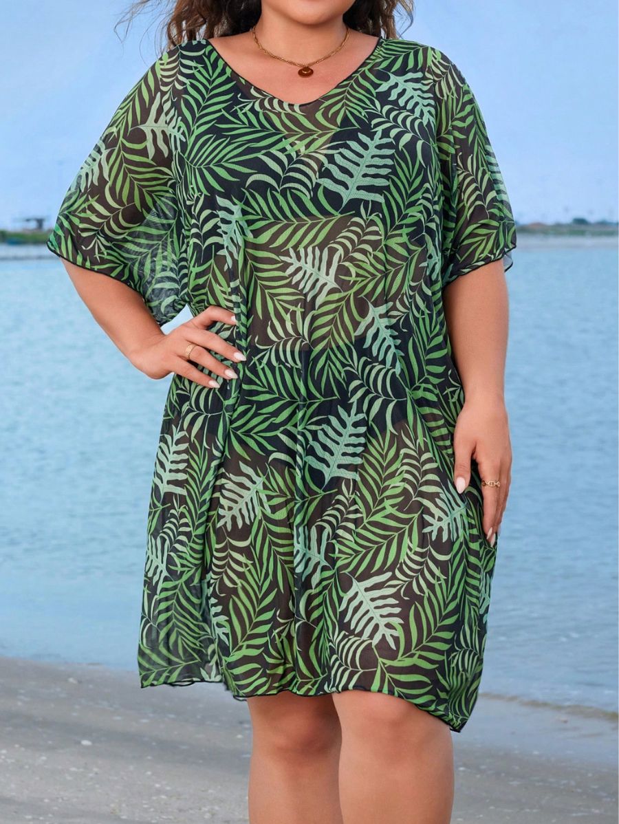 SALIDA DE PLAYA CON ESTAMPADO DE DE HOJAS Salida de Playa Plus Size 16 Florebele 0XL 