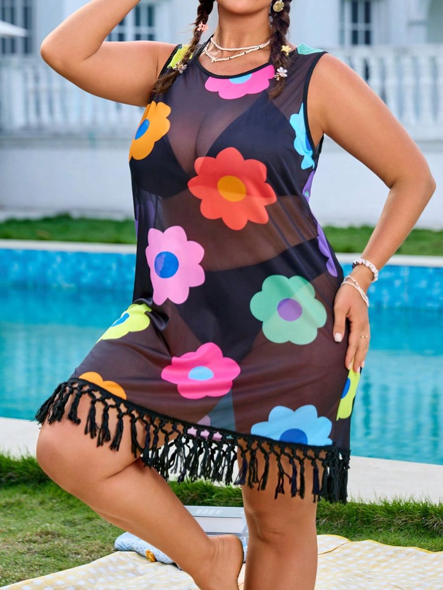 SALIDA DE PLAYA CON FLECOS Y FLORES Salida de Playa Plus Size 21 Florebele 