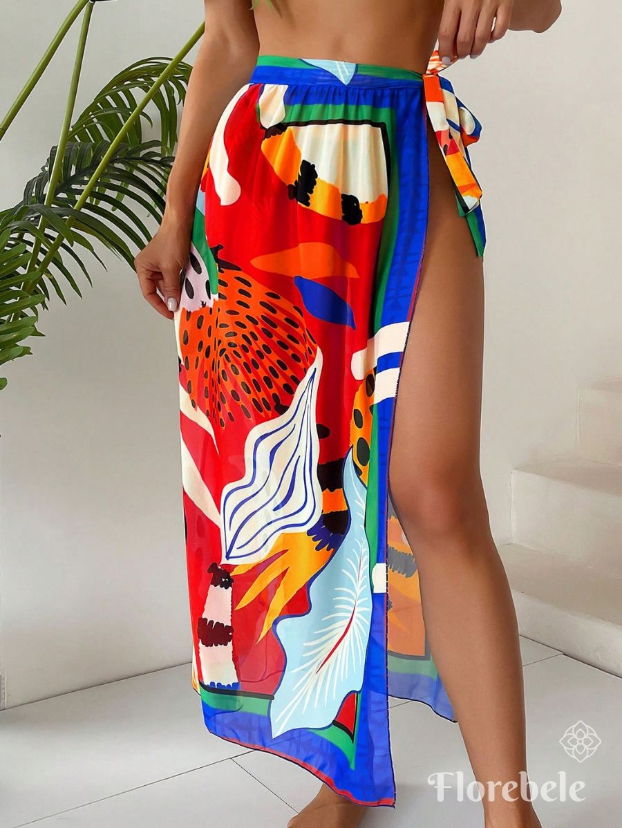 SALIDA DE PLAYA CON NUDO LATERAL ESTAMPADO Salida de Playa 24 Florebele Rojo S 