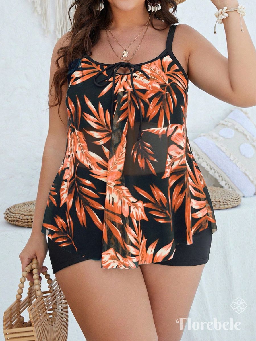 TANKINI CON ESTAMPADO DE HOJAS Tankini Plus Size 09 Florebele Anaranjado 0XL 