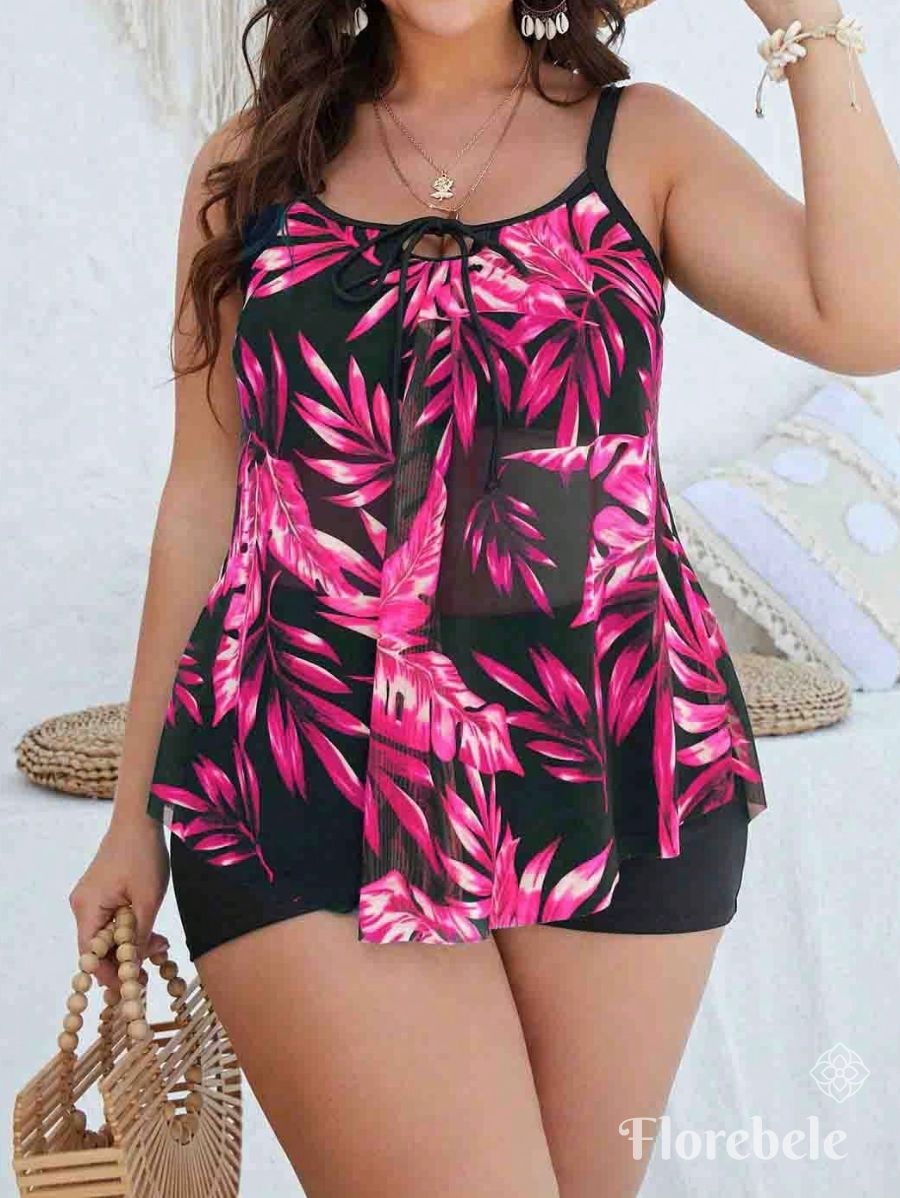 TANKINI CON ESTAMPADO DE HOJAS Tankini Plus Size 09 Florebele Rosa 0XL 