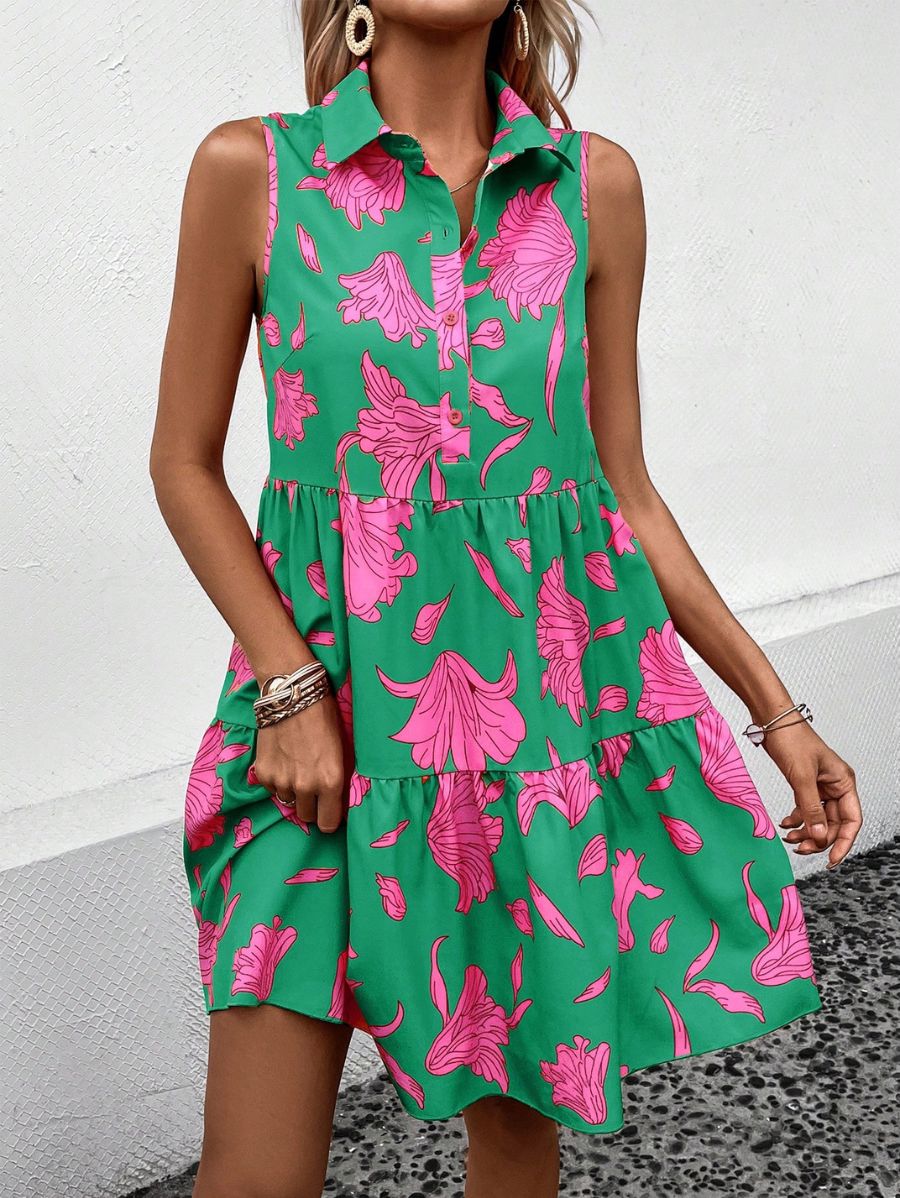 VESTIDO CON BOTONES Y ESTAMPADO FLORAL Vestido 47 Florebele Verde S 