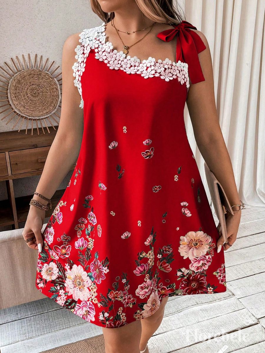VESTIDO CON ENCAJE Y LAZO Vestido Plus Size 10 Florebele Rojo 0XL 