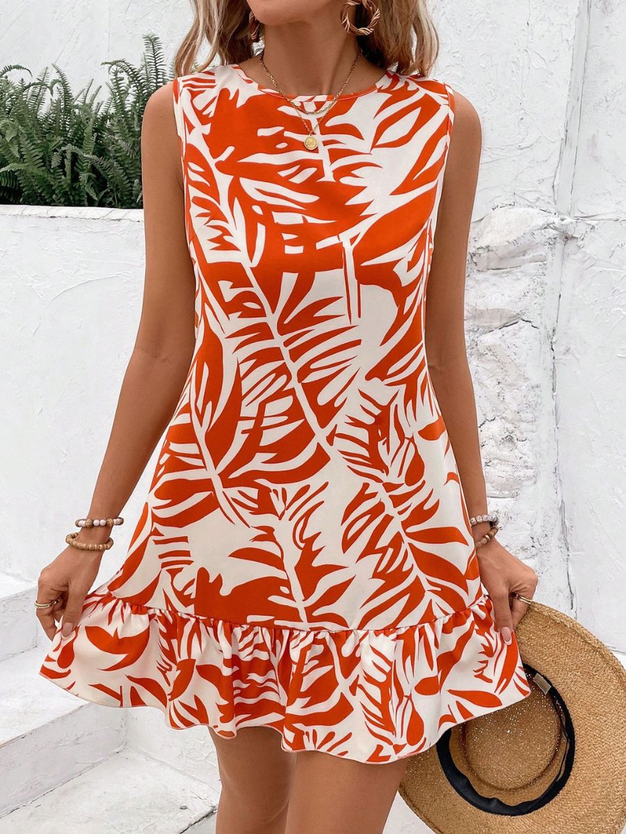 VESTIDO CORTO CON ESTAMPADO DE PLANTAS Vestido 49 Florebele Anaranjado S 