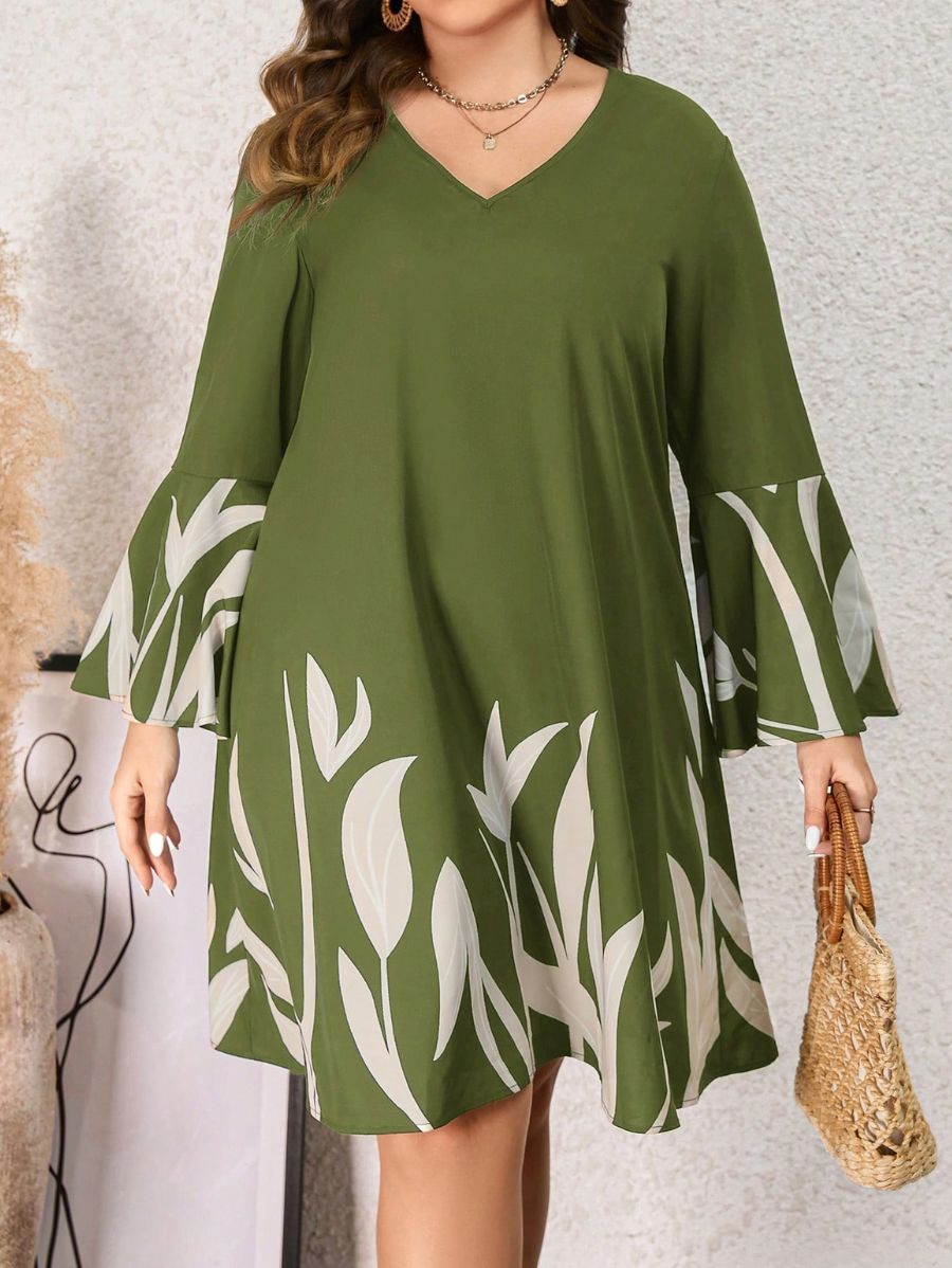 VESTIDO DE MANGAS CON VOLANTES ESTAMPADO Vestido Plus Size 10 Florebele Verde 0XL 