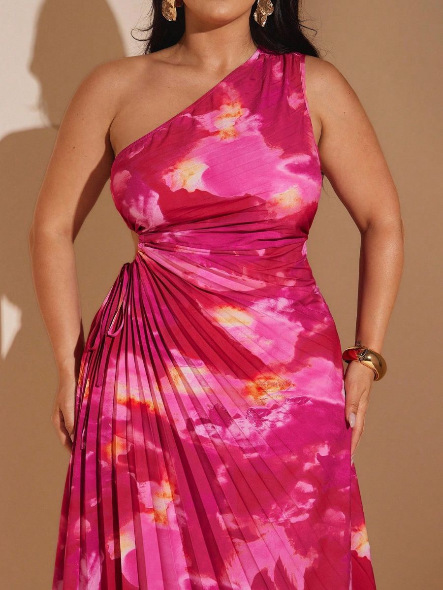 VESTIDO DE UN HOMBRO PLISADO ESTAMPADO Vestido Plus Size 12 Florebele 