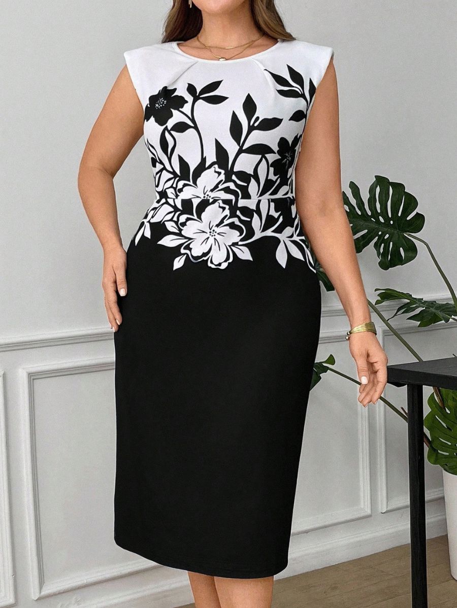 VESTIDO MIDI CON ESTAMPADO FLORAL Vestido Plus Size 15 Florebele Negro 0XL 